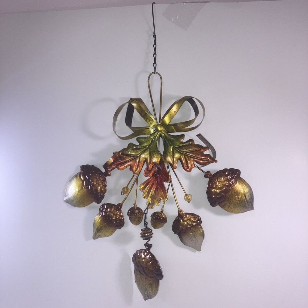 Vintage Metal Mid Century Modern Acorn  Copper Leaf Wall Sculpture Gold Oak Leaf